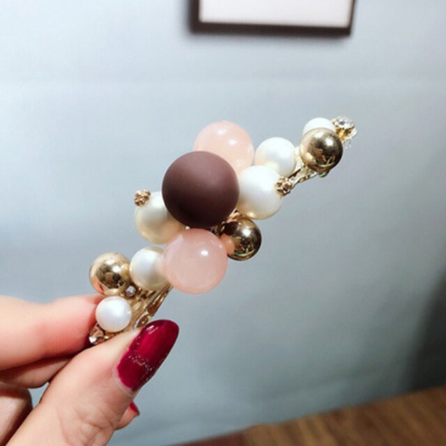 Geometric Hairpin - Imitation Pearl & Rhinestone - Trendy Korean Sweet Style - Women's Hair Accessories: Coffee