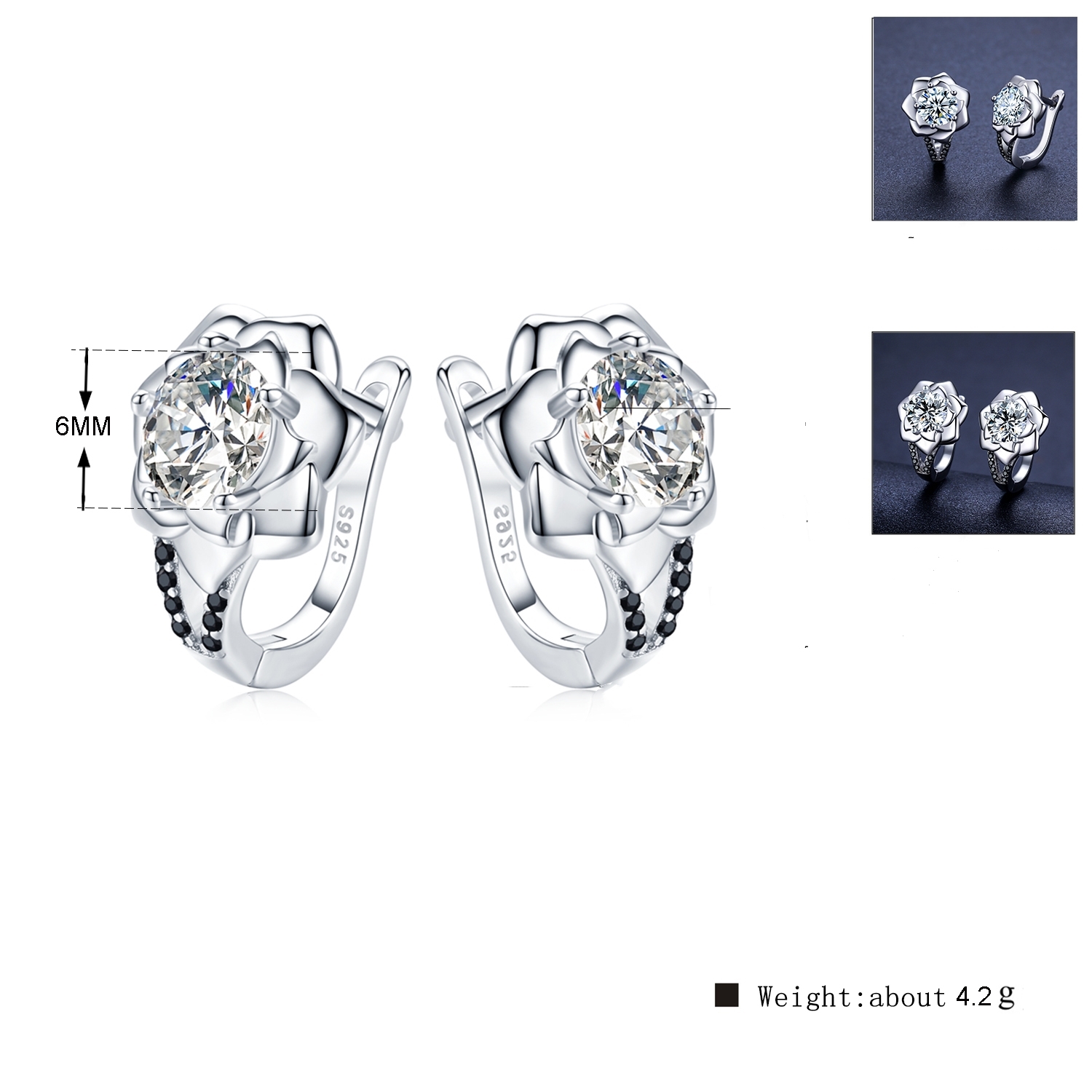 Black Awn Silver Color Round Black Trendy Spinel Engagement Flower Hoop Earrings for Women Jewelry Bijoux I152