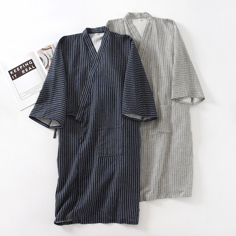 Cotton Kimono Style Bathrobe Men's Spring Summer and Autumn Thin Steamed Bathrobe Nine-quarter Sleeves One-piece Robe Men Kimono