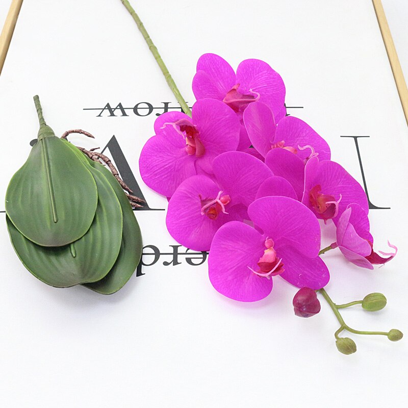 Kunstig orkidé phalaenopsis med stort blad pu ægte berøring blomst håndføler pottemager planter bryllupsindretning hjemmebord tilbehør: Lilla