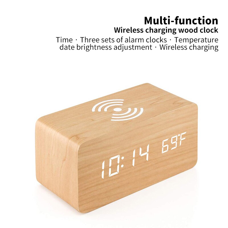 Modern Wooden Digital LED Desk Alarm Clock Thermometer Sound Control Alarm Clock With Wireless Charging