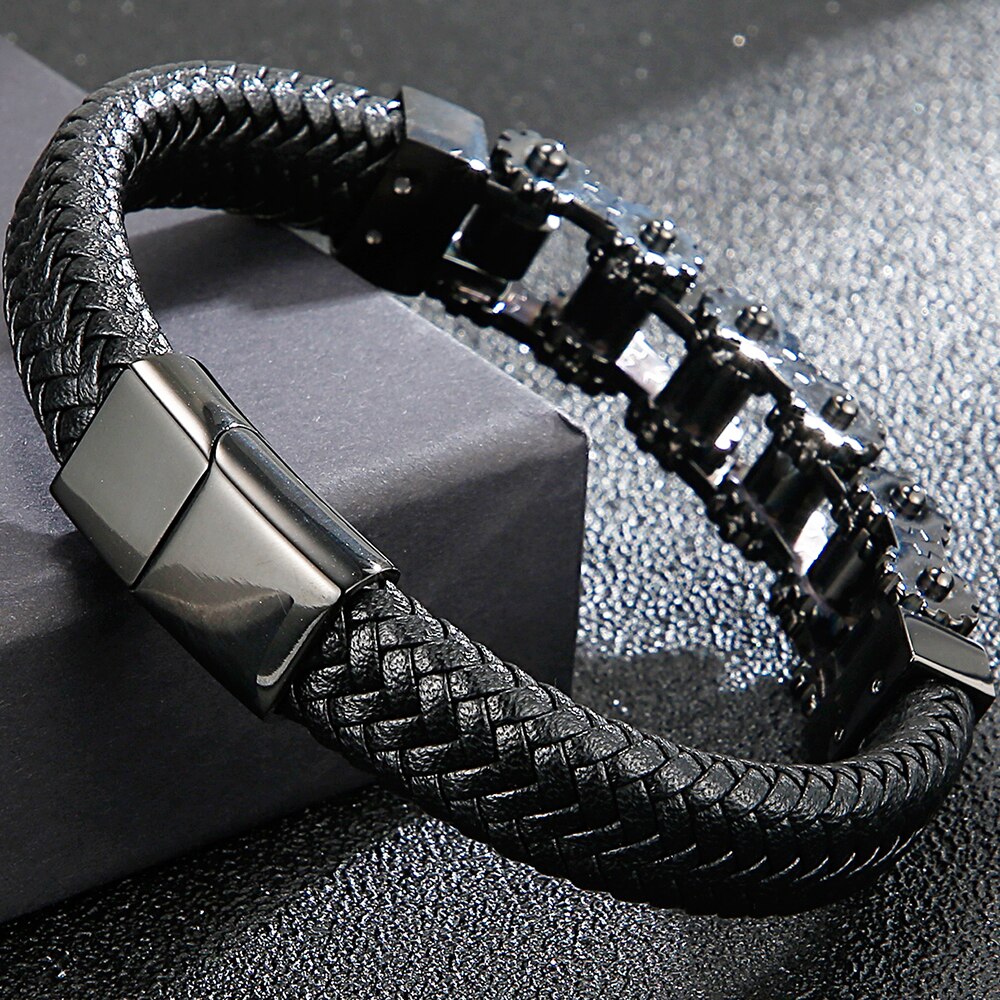 Cool Bike Chain Motorcycle Link Biker Armband Rvs & Lederen Drie Tone Manchet Bangle Armband Mannen