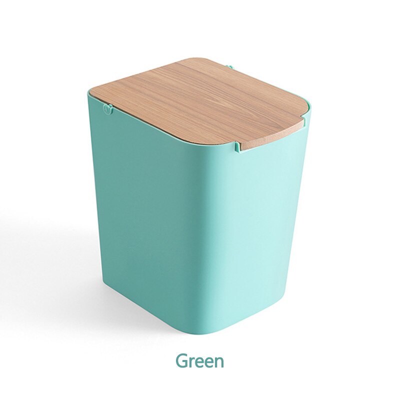 Trash Bin Household Office Supplies Mini Trash Can Desktop Bucket with Wooden Dustbin Waste Bins Small Car Trash: Green