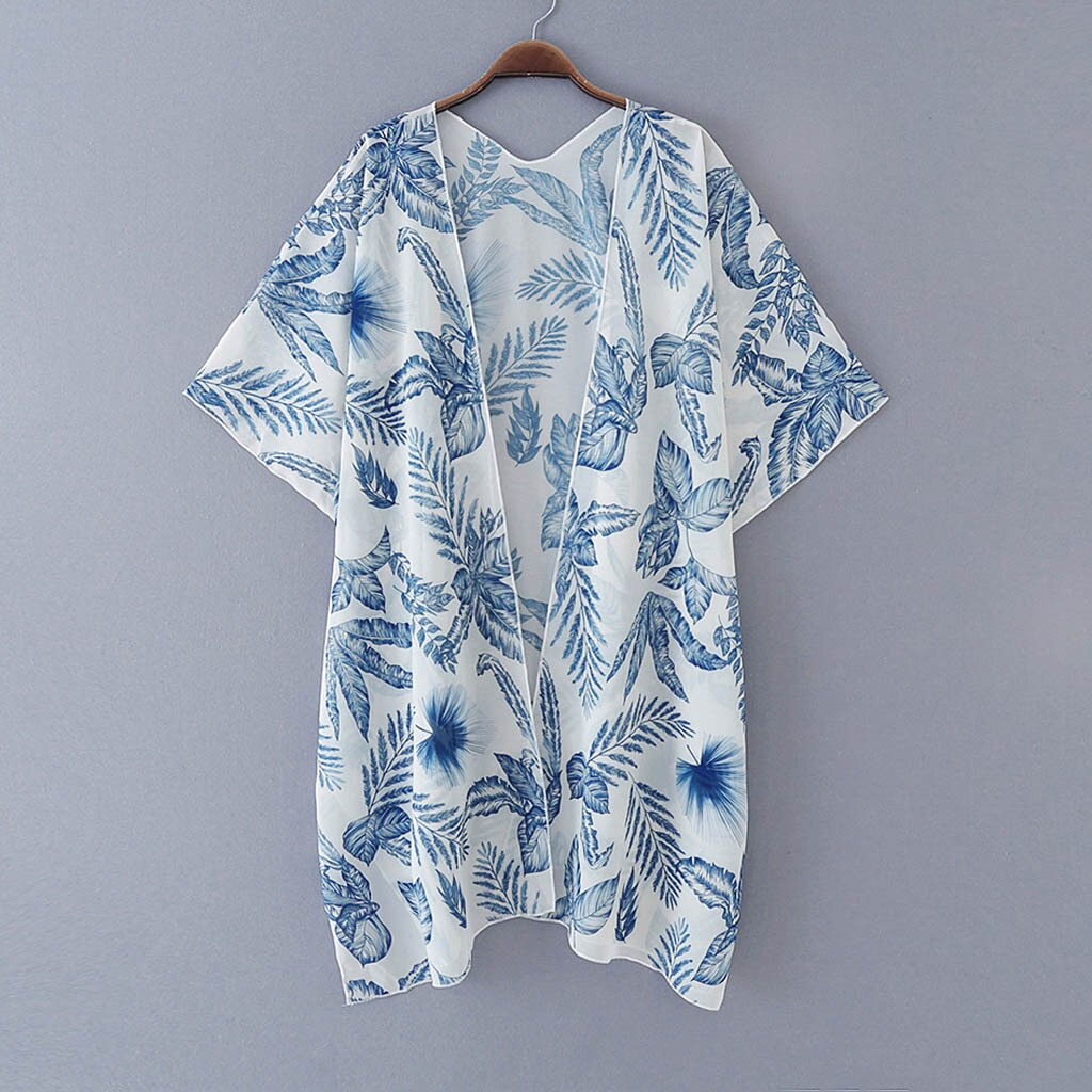 38 # mujeres Boho Floral estampado largo Blusa suelta cárdigan Kimono chal Boho camisa tipo pareo para la playa prendas de vestir Blusa Mujer femenino