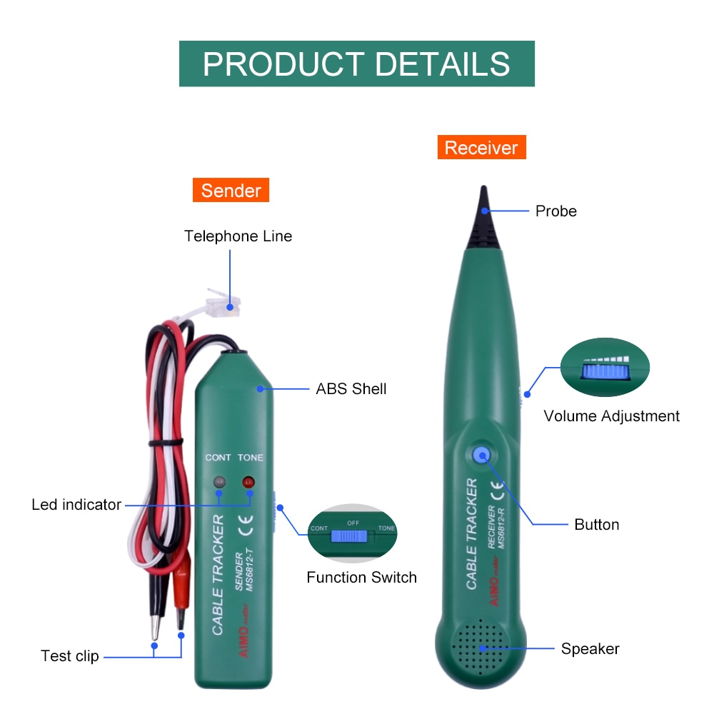 CHIPAL AIMO MS6812 LAN Network Cable Tester for UTP STP Cat5 Cat6 Telephone Phone Wire Tracker Tracer Line Finder