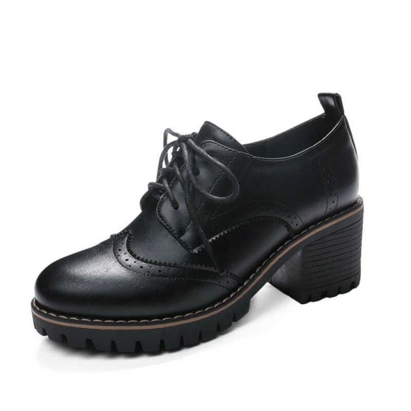PXELENA britannique Vintage femmes richelieu chaussures gros bloc talons hauts pompes à lacets bureau dame quotidien Oxfords Wingtip Fretwork 43: Black / 8