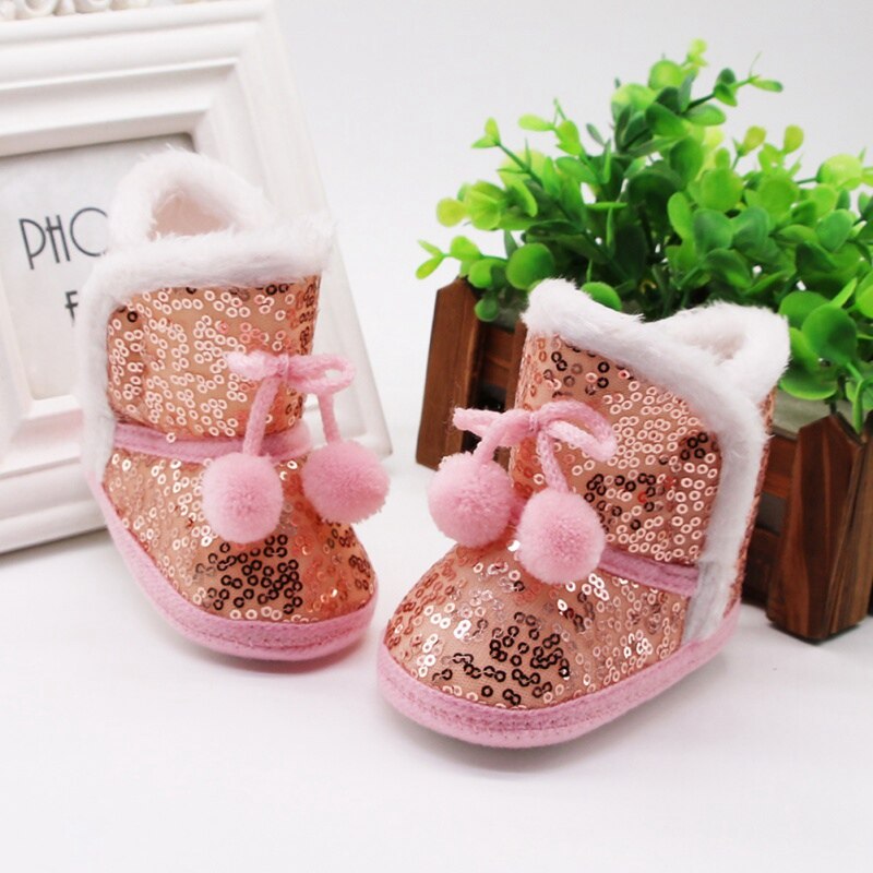 Infant Anti-slip Toddler Shoes Newborn Baby Shoes Winter Baby Boy Girl Sequin Snow Boots Plush Ball Cotton Shoe: Pink / 13-18 Months