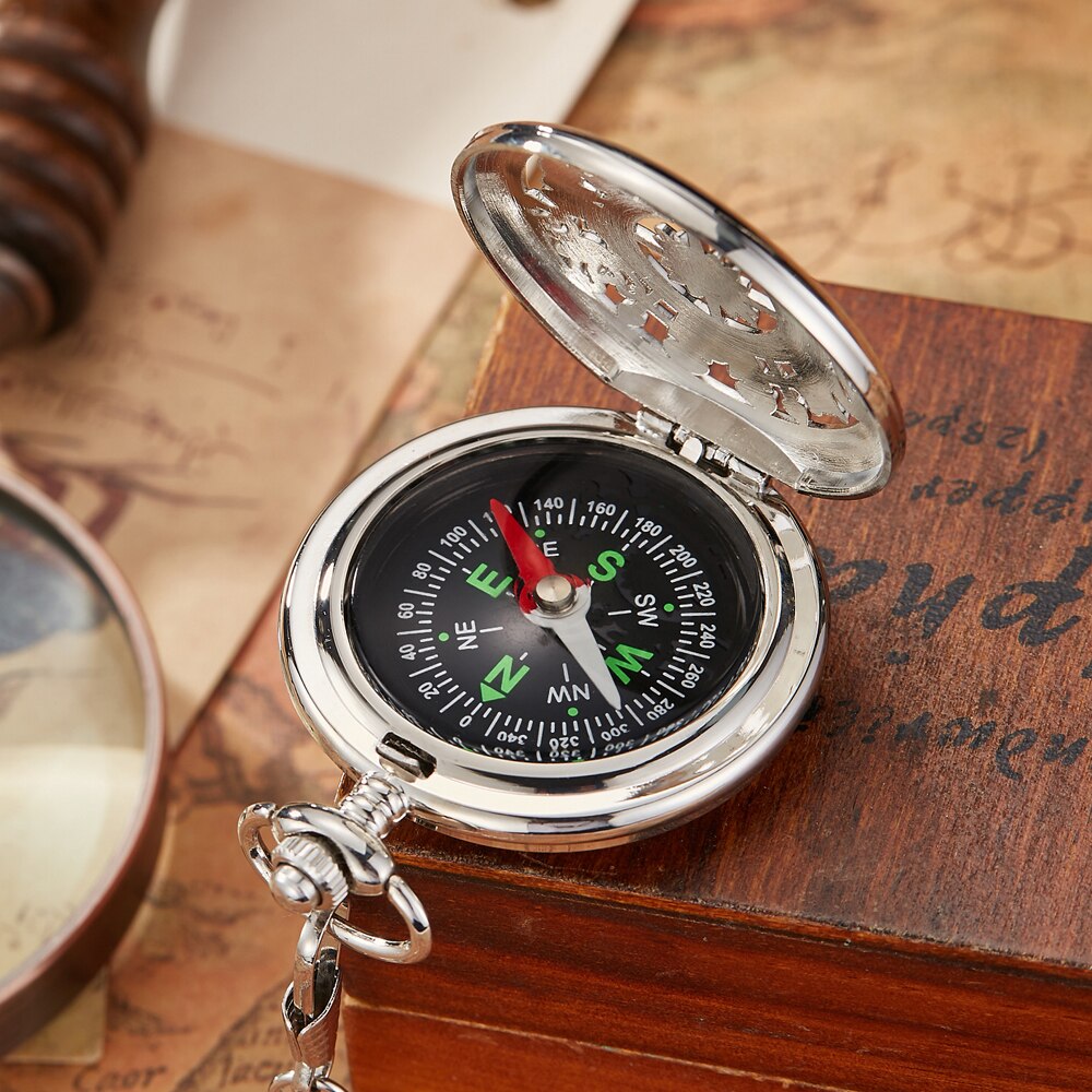 Aankomst Kompas Goud Bruin Retro Hollow Quartz Zakhorloge Fob Hanger Chain