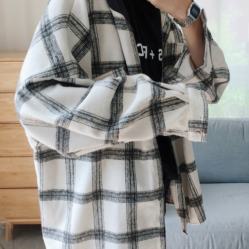 Overshirt herr höst ledig lös långärmad huva yllejacka kläder streetwear manlig rutig skjorta ytterkläder man