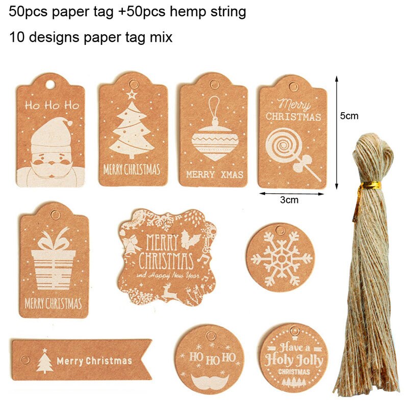 50 stk kraftpapir kort etiket mærke juletræ hænge mærke snefnug julemand jule papir mærker glædelig jul tag indretning