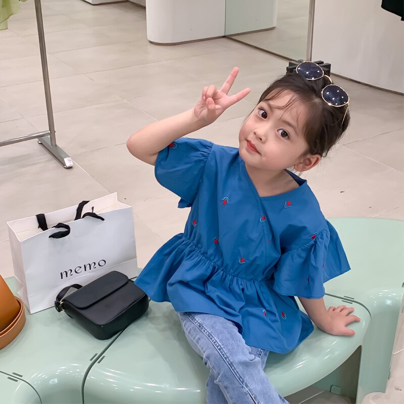 Camisas para niñas, ropa de verano para niños, Blusa de manga voladora con bordado de flores para bebés, camisa suelta informal de algodón, Tops
