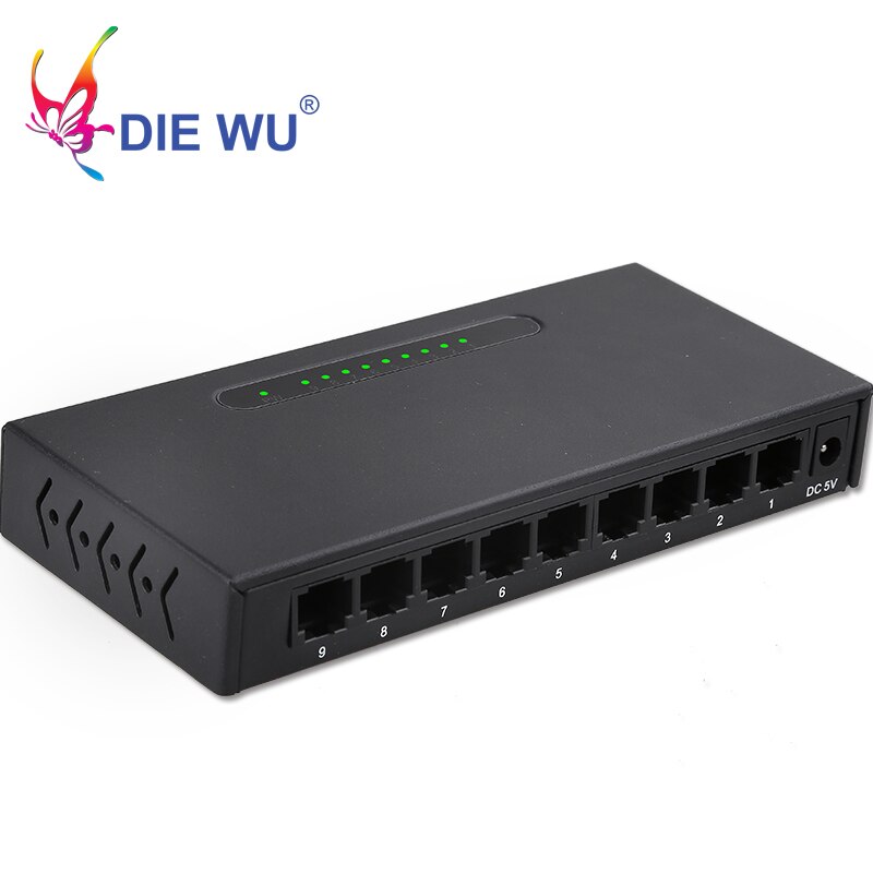 DIEWU Netwerk switch 9 poorten RJ45 10/100 Mbps Fast Ethernet switch met 1 m buffer Full-Duplex & Half-Duplex