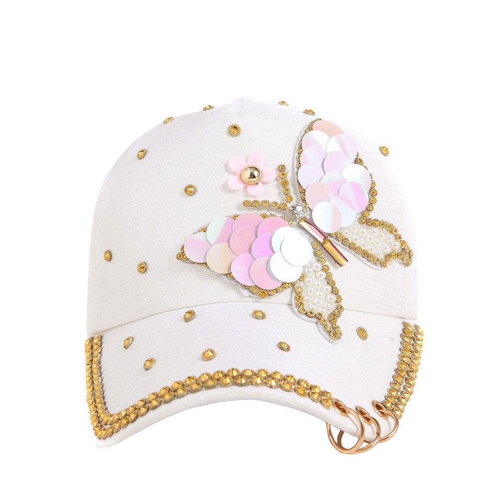 Women Cool Baseball Cap Hip Hop Adjustable Curve Cap With Ring White Black Butterfly Printing Sun Shading Hat
