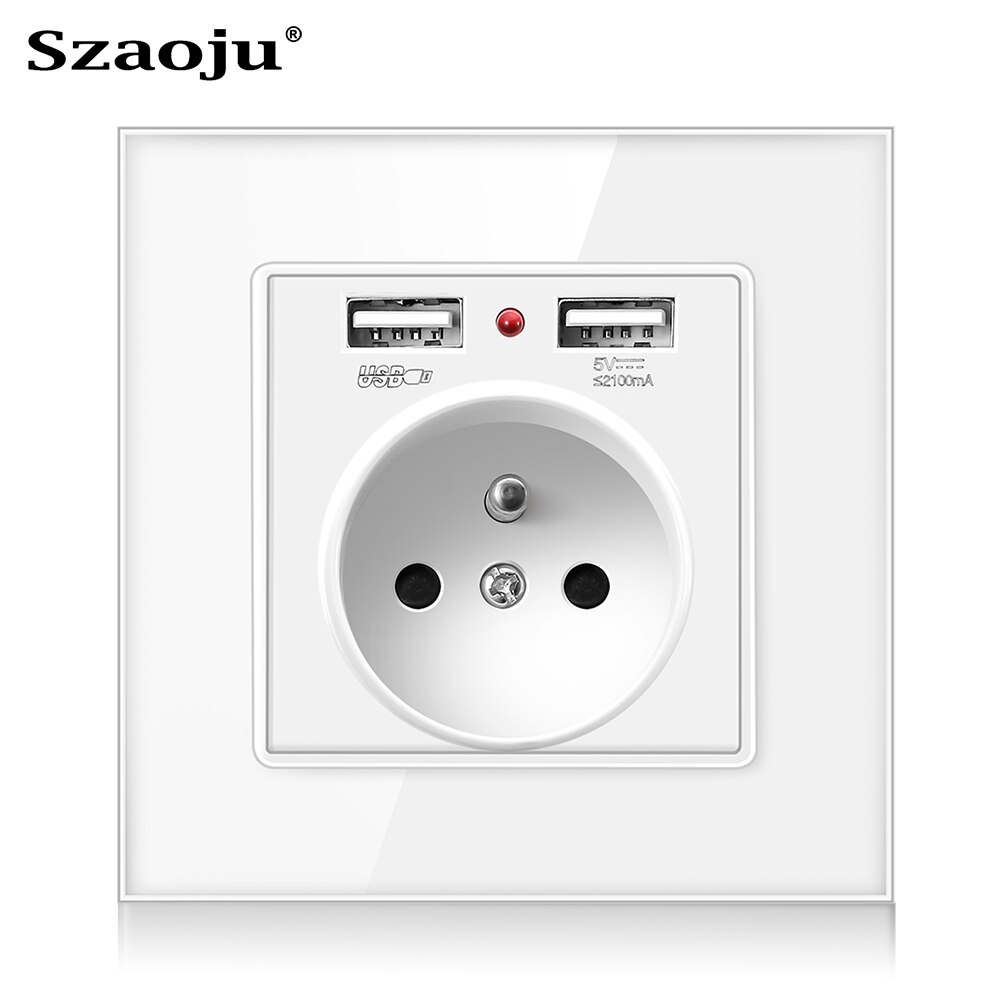 Szaoju Wall USB Power Socket, Many style Panel, Bedroom socket,AC 110V-250V 16A Wall Embedded, Double usb EU Standard Outlet: French white glass