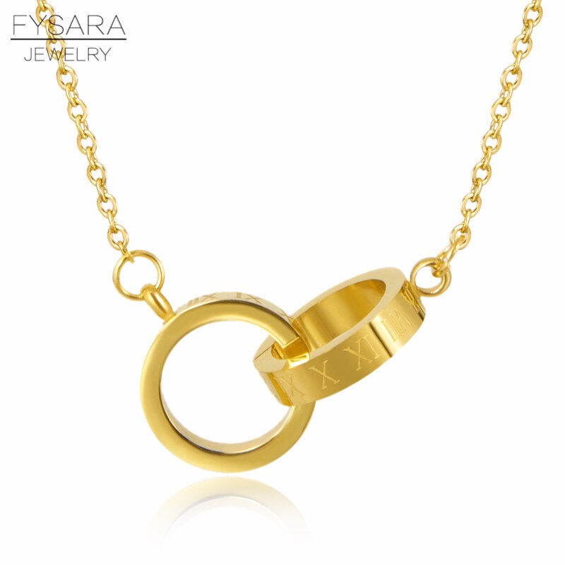 FYSARA Classic Brand Love Two Circle Double Buckle Necklace Roman Numeral Flower Clover Necklace Stainless Steel Gold Clavicle