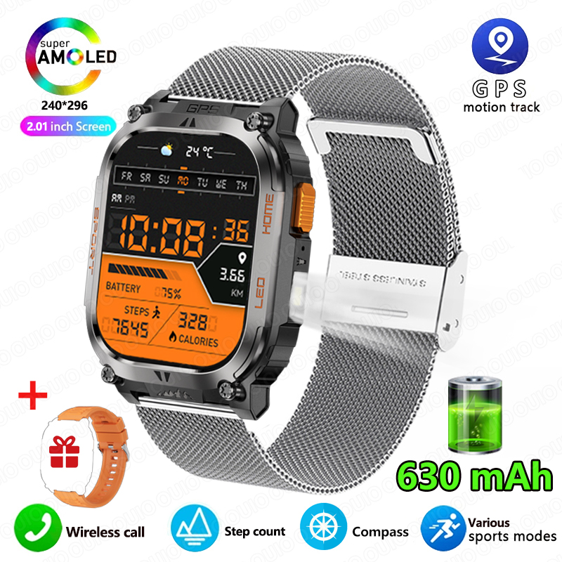 Smartwatch z wbudowanym GPS, wodoodporny IP68, bateria 630 mAh, kompas, barometryczny wysokościomierz, odtwarzanie muzyki Bluetooth, sterowanie głosowe AI, połączenia BT.: FIOLETOWY