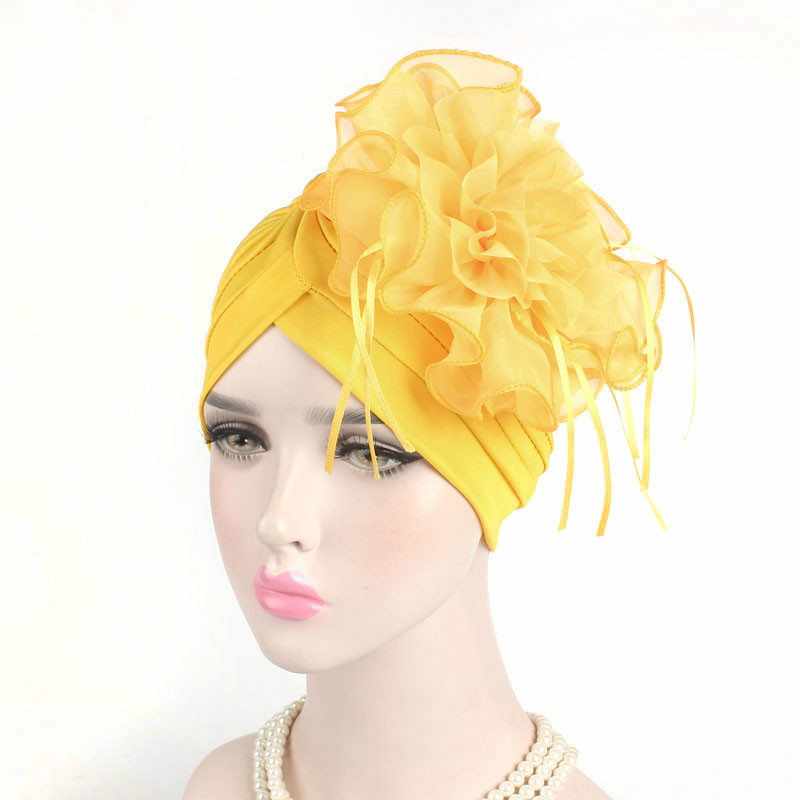 Sombreros con flores grandes para mujer, gorros turbante fruncido, sombreros de turbante indio, hiyabs musulmanes para mujer: YELLOW
