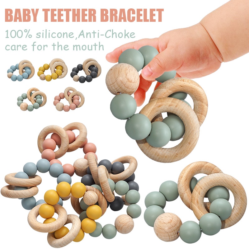 Tænder træskramler legetøj baby ammearmbånd silikone vedhæftning baby småbarn armbånd ammende legetøj
