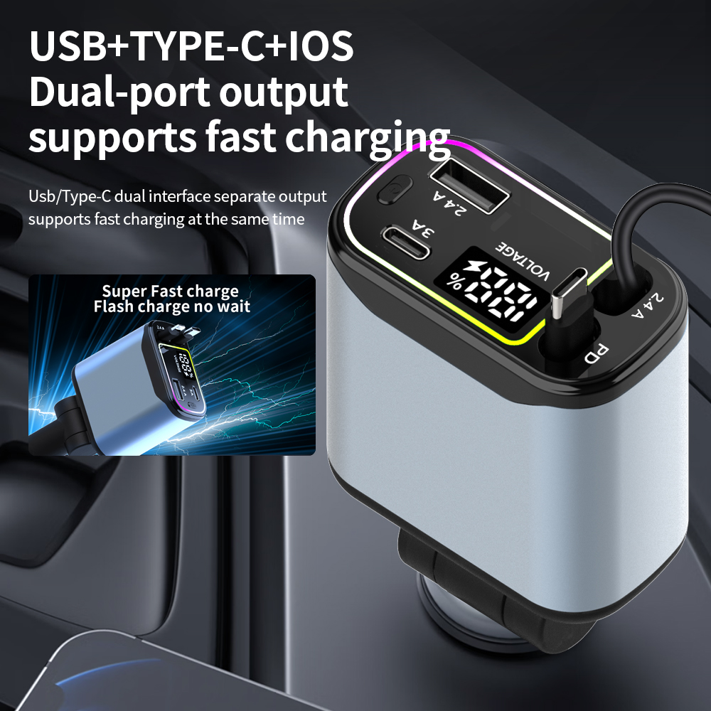 Intrekbare autolader, 4-in-1 snellaadautolader 66 W, intrekbare kabel en 2 USB-poorten, autoladeradapter compatibel: Default Title