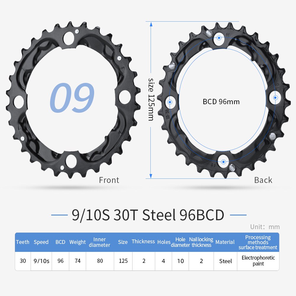 PROWHEEL-plato redondo para bicicleta de montaña, rueda dentada de aleación de acero, 64/96/104BCD, 22T, 24T, 30T, 32T, 40T, 42T, 44T: 10S 30T Steel 96BCD