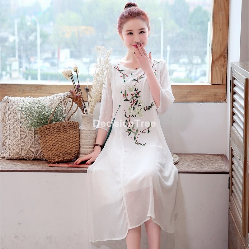chinese dress cheongsam qipao folk style cheongsam women traditional chiffon cheongsam dress floral embroidery qipao dress: color1 / L