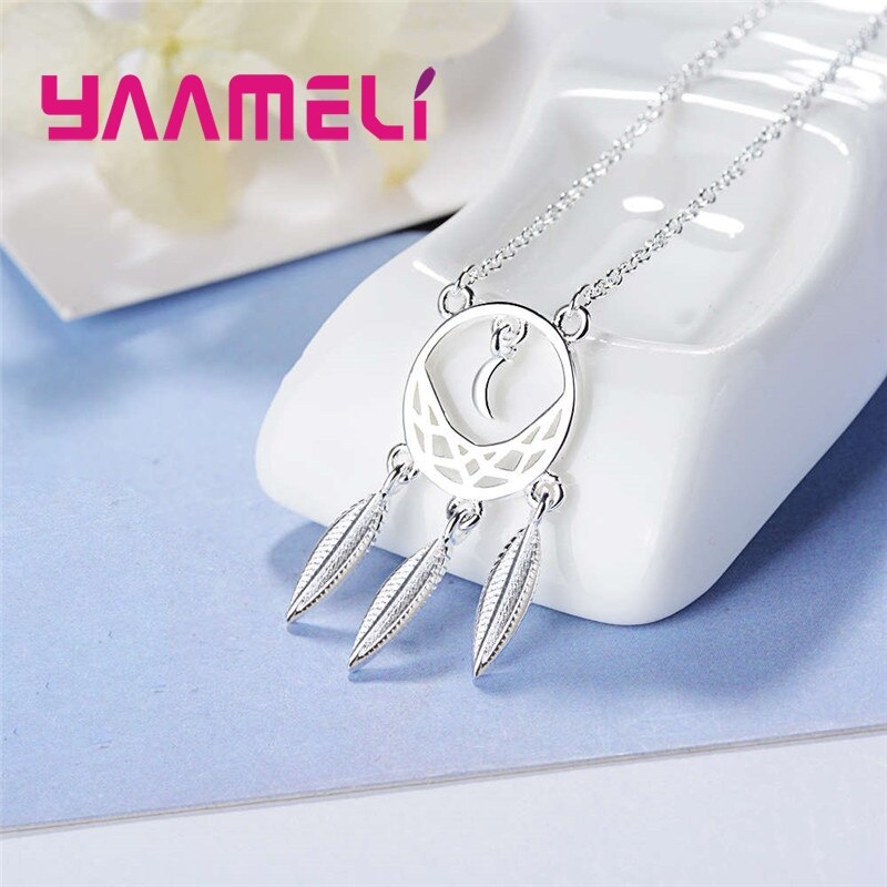 Moon Leaves Pendant 925 Sterling Silver Necklace 18" Chain For Woman Girls Banquet Accessories