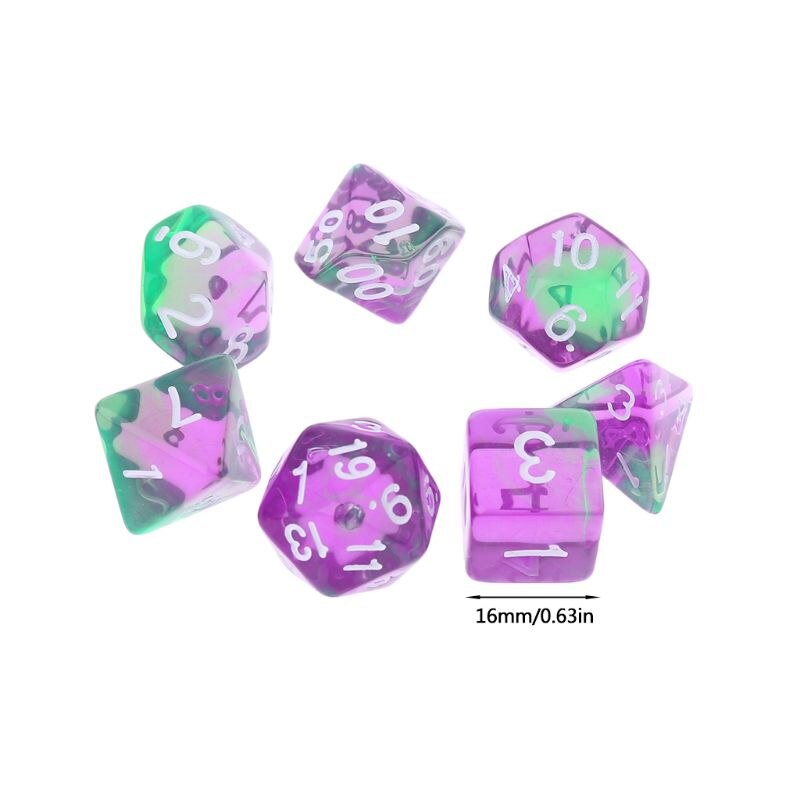 7pcs Transparent Sided Dice D4 D6 D8 D10 D12 D20 &amp; Dragon D&amp;D RPG Poly Table Board Game Set