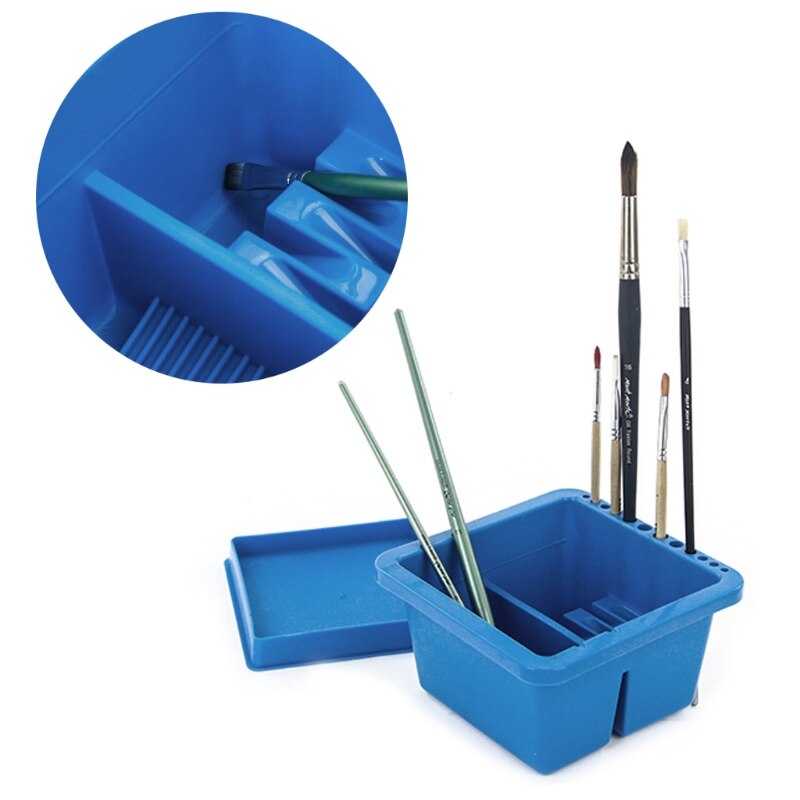 Blue Double Compartment 12 Hole Multi-Function Plastic Brush Washer Box Easy Cleaning Drying For Acrylic & Watercolor Painting