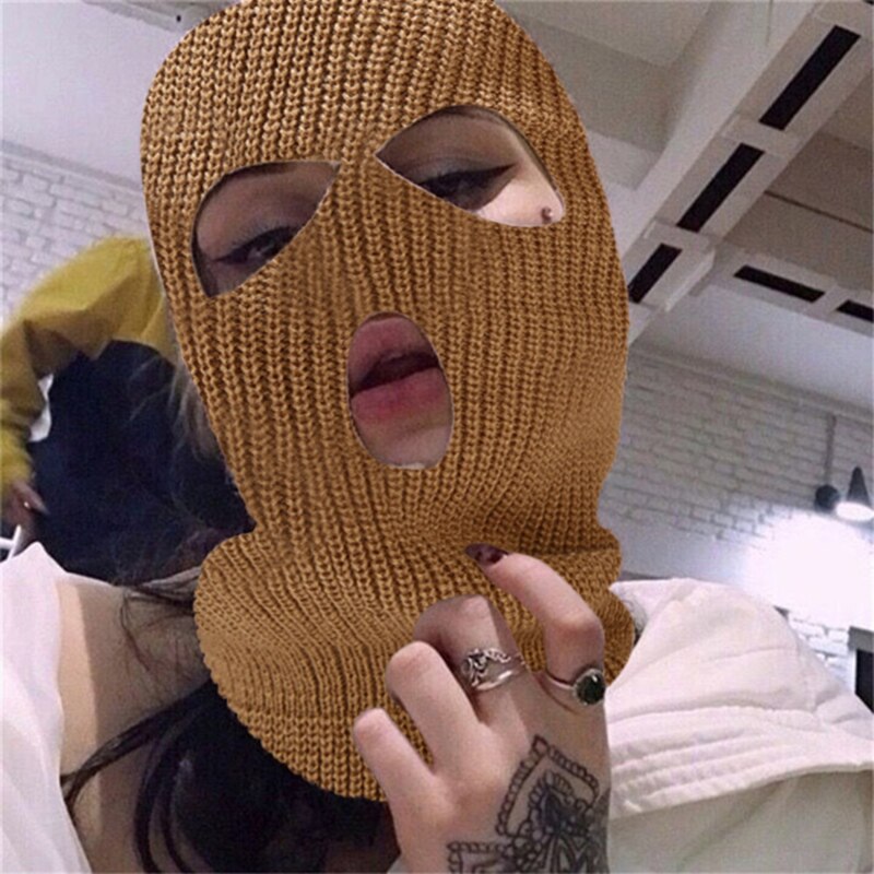2021New 3-Hole Knitted Full Face Cover Ski Mask Winter Balaclava Warm Knit Full Face Mask For Outdoor Sports: khaki