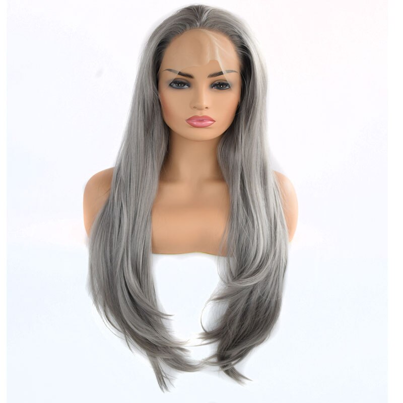 Peluca con malla frontal sintética recta Natural gris oscuro sin pegamento de fibra resistente al calor para pelucas de mujer