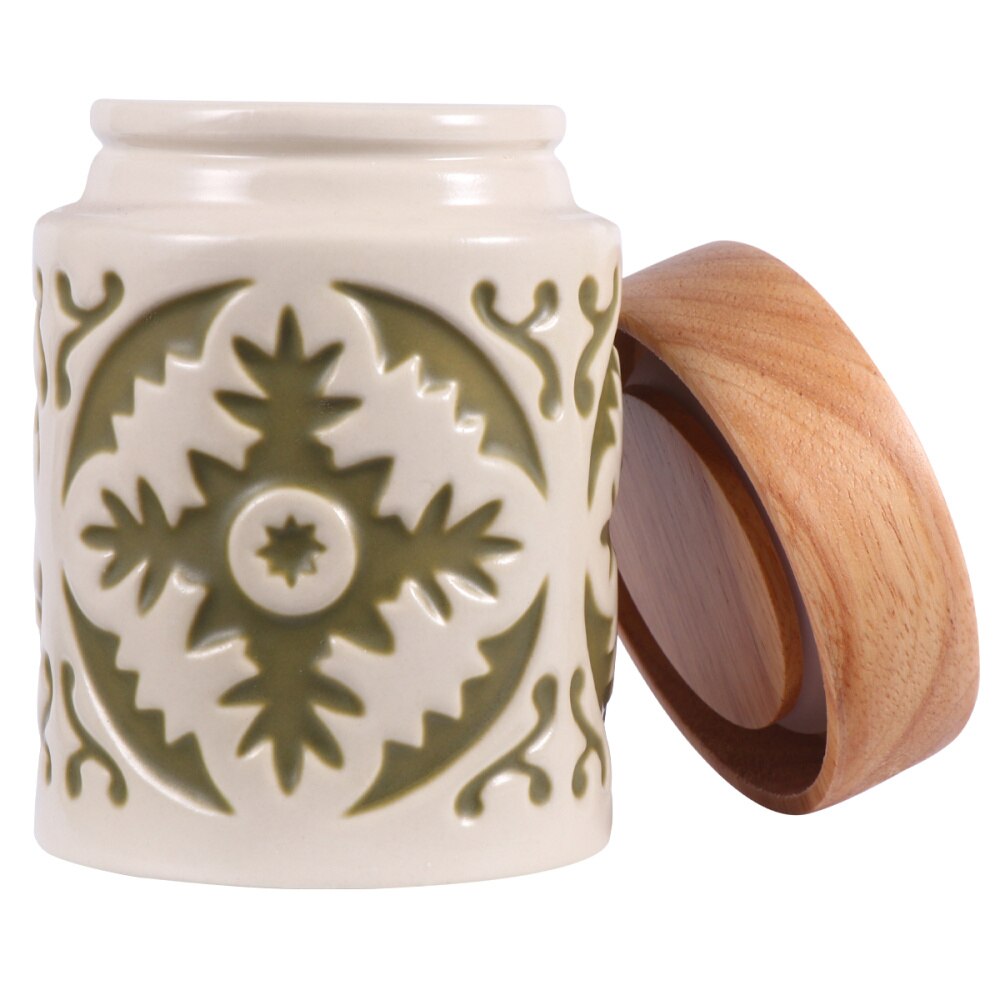 Ceramic Grain Canister Food Kitchen Sealed Storage Container Empty Storage Jar Dried Fruit Jar with Wooden Lid (Red)