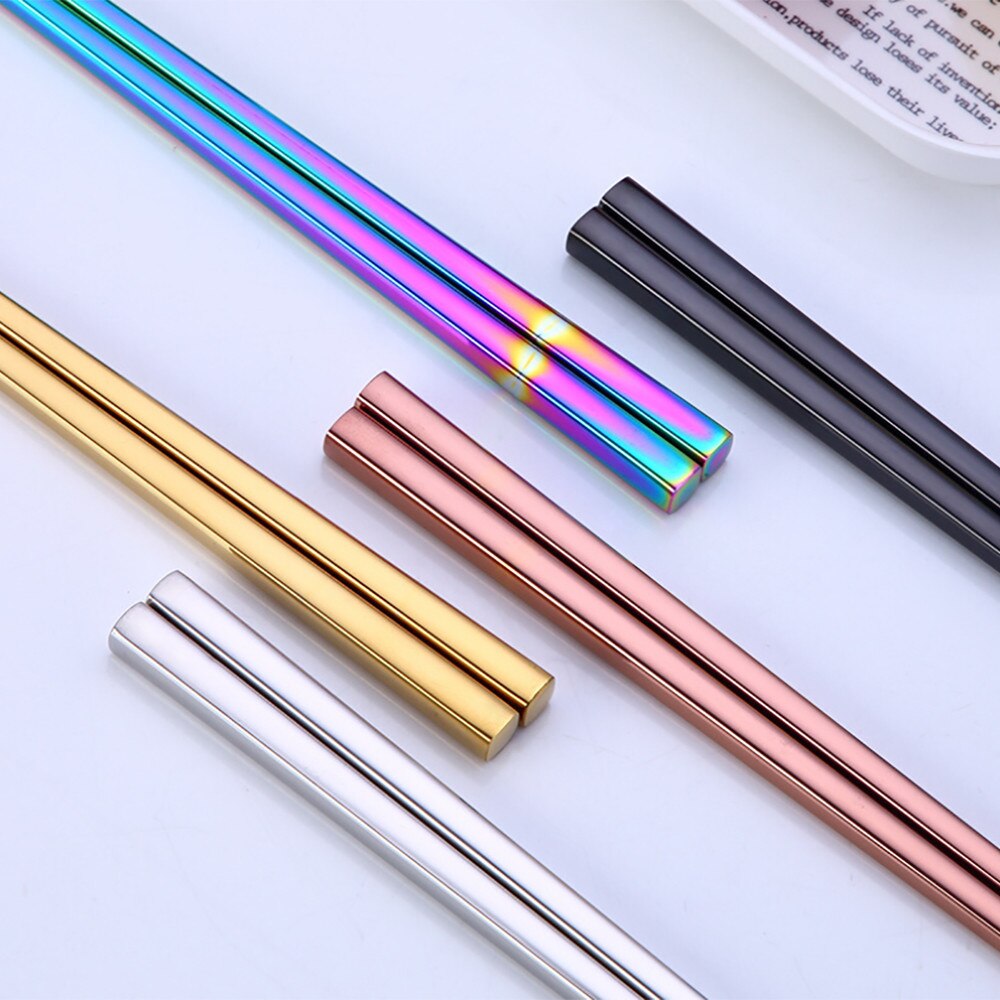 1 Pair 23cm Length Square Chopsticks Stainless Steel Titanium Gold Rose Gold Sushi Colorful Chopsticks #50g