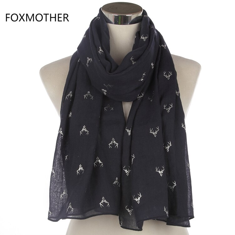 Foxmother modieuze donkergrijze bronzen zilveren eland hertenkop lange sjaal sjaals voor dames vrouwen kerst: Marine lang