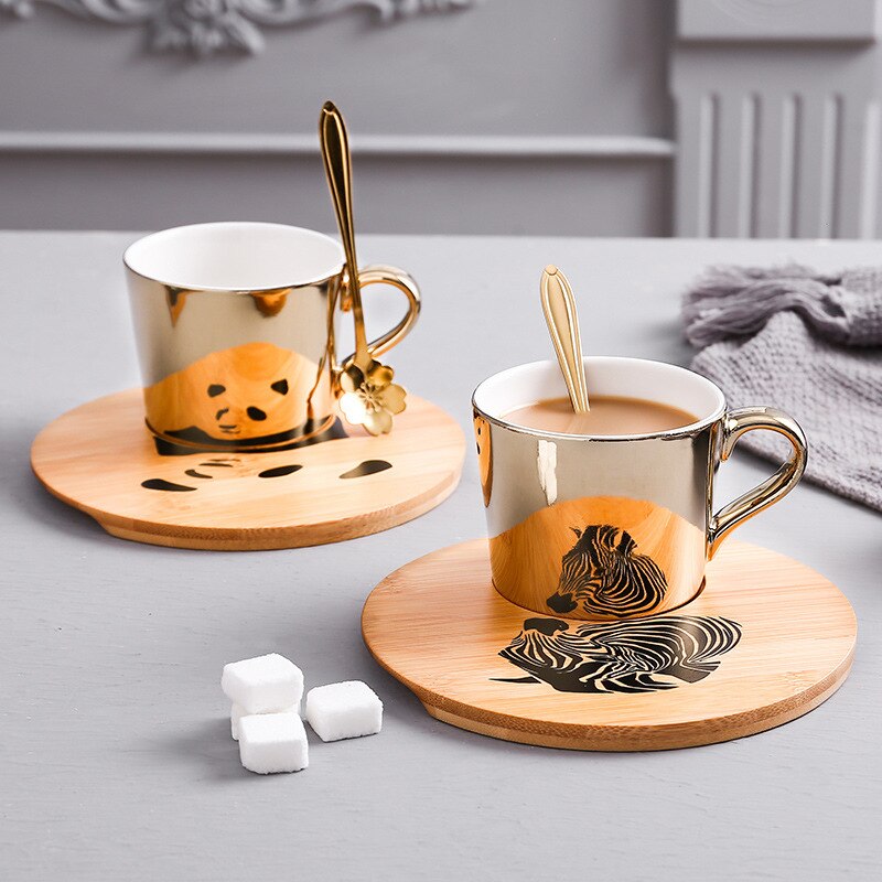 Plating Mirror Reflection Ceramic Coffee Mugs With Wood Dish Tea Cups Drinkware Send Box