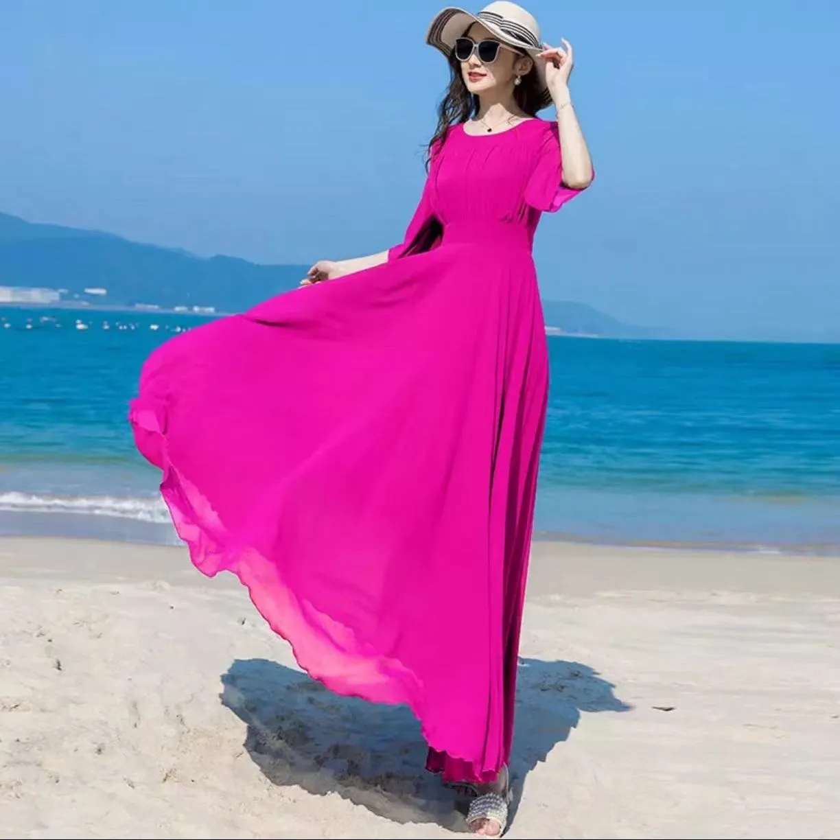 Summer Women Chiffon Dress Solid Long Bohemian – Grandado