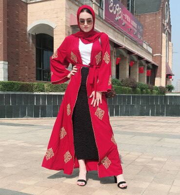Abaya Kimono robe dubaï Abaya pour femmes longue dinde musulmane longue robe bleu Vintage brodé dentelle Caftan Caftan Cardigan: Red / L