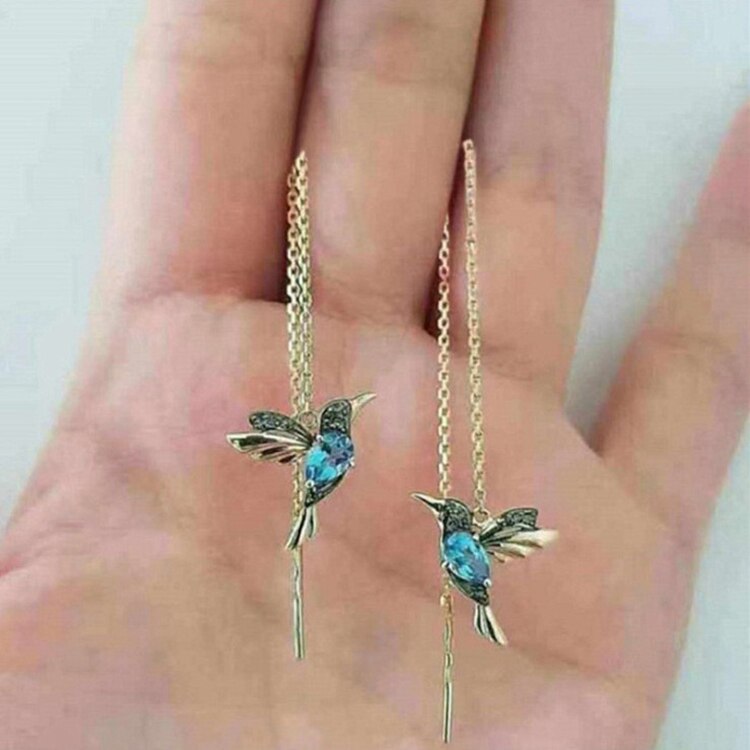 Unique Hummingbird Long Earrings Flying Bird Pendant Tassel Crystal Pendant Copper Earrings Ladies Jewelry: 1