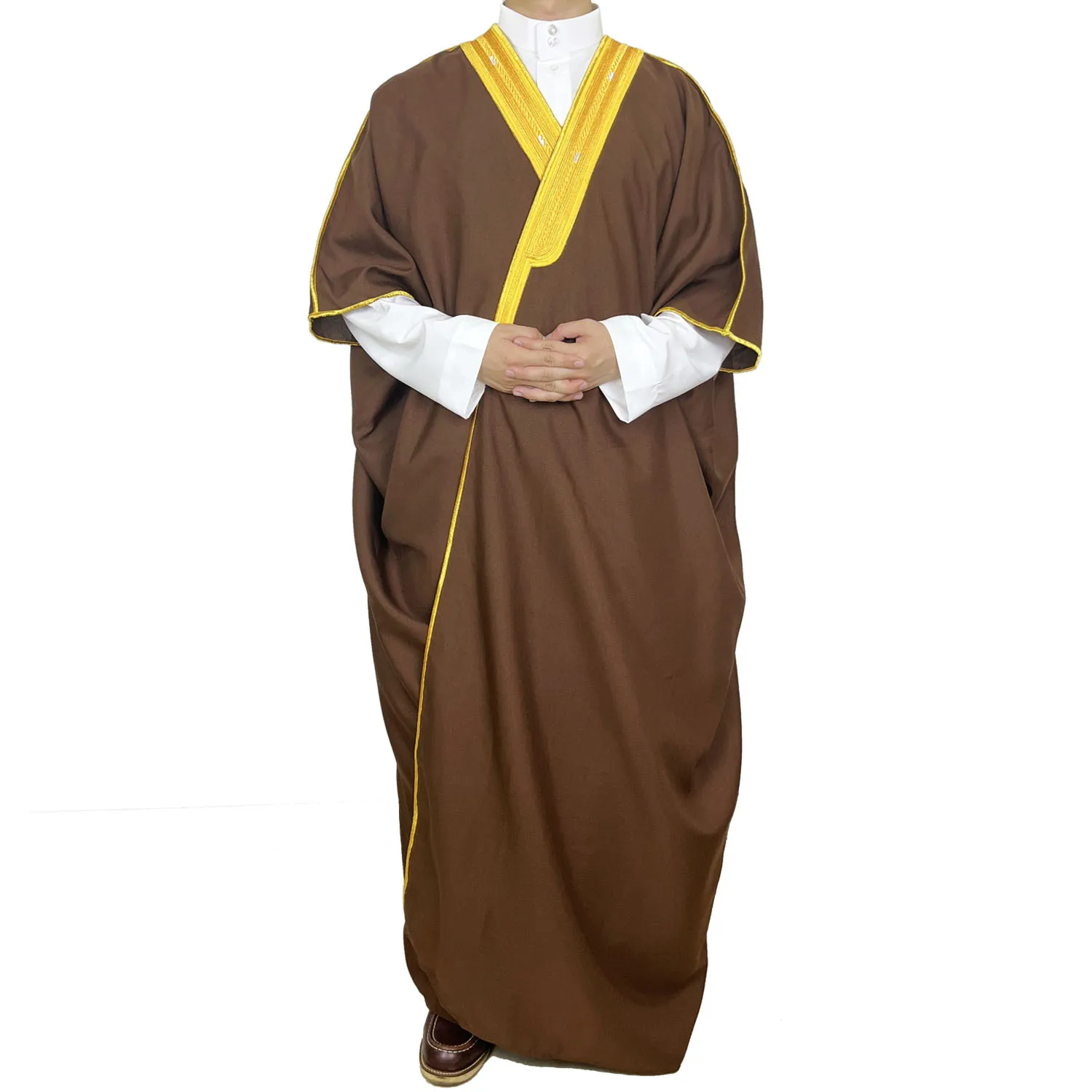 Midtøsten menns åpne abaya muslimsk kjole kimono dishdasha islam klær dubai saudiarabisk kaftan brodert kappe bønnekjole thobe: Xl / Brun