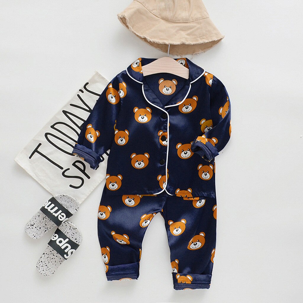 Toddler Sleepwear Outfits Boy Winter Long Sleeve Cartoon Bear Tops+Pants Pajamas Keep Warm Turn-down Collar Single Breasted D27#