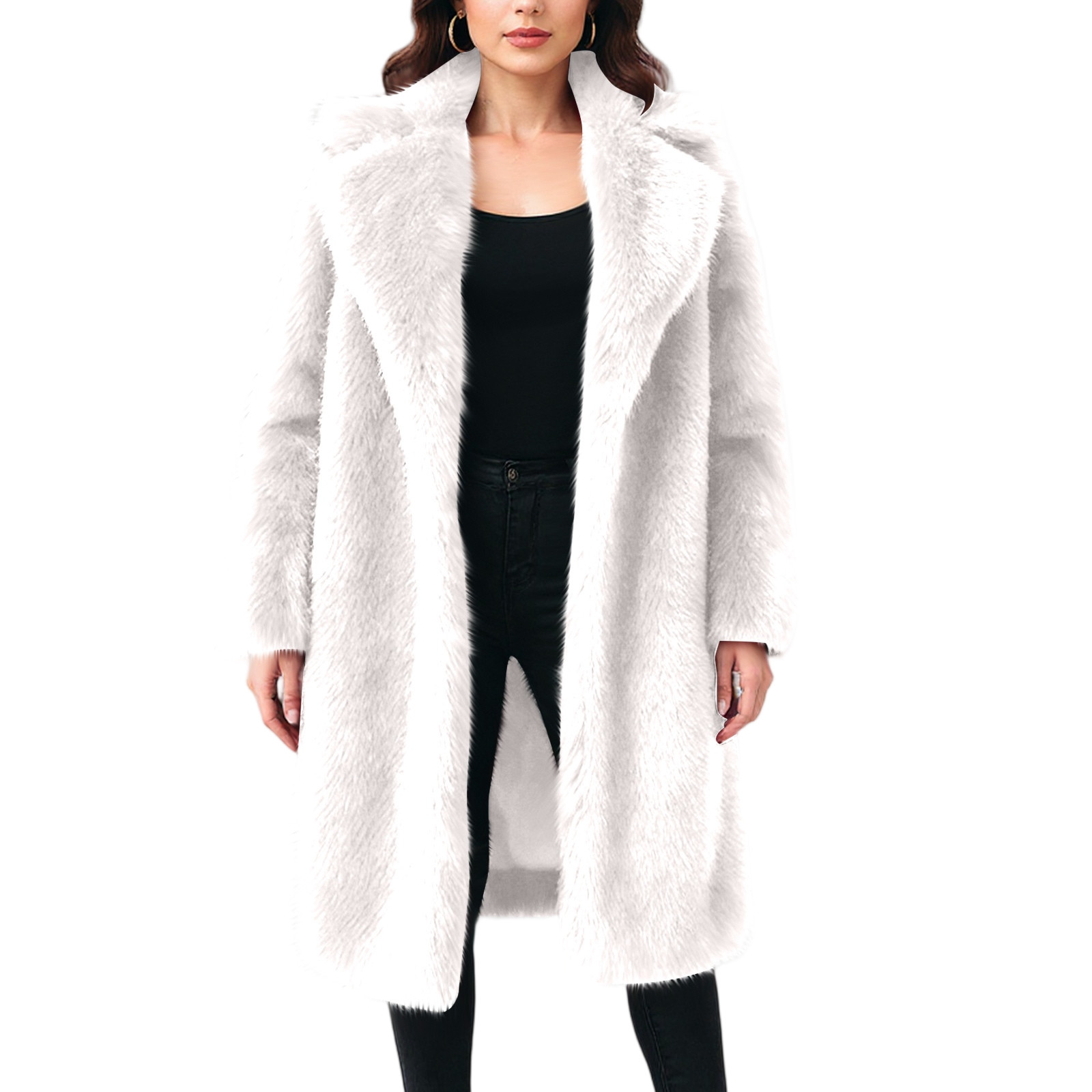 Women Fashionable Thermal Coat Simple Solid Color Long Sleeve Lapel Thicken Coat Female Winter Temperament Overcoat: L / WHITE