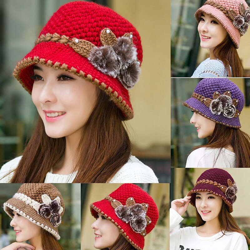Women Woolen Beanie Hat Winter Knitted Caps With Flower Pattern Ladies Warm Bucket Hats Capot