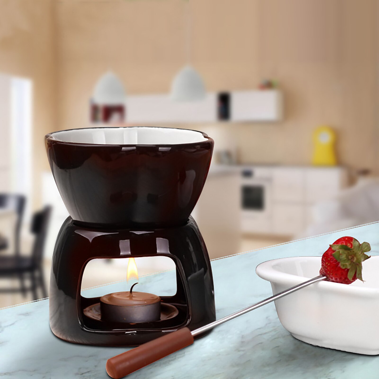 DIY Ceramic Fondue Set Cheese Ice Cream Bowl Warmer Chocolate Pot Chocolate Fondue With Tealight Candles For Home Cooking Tools