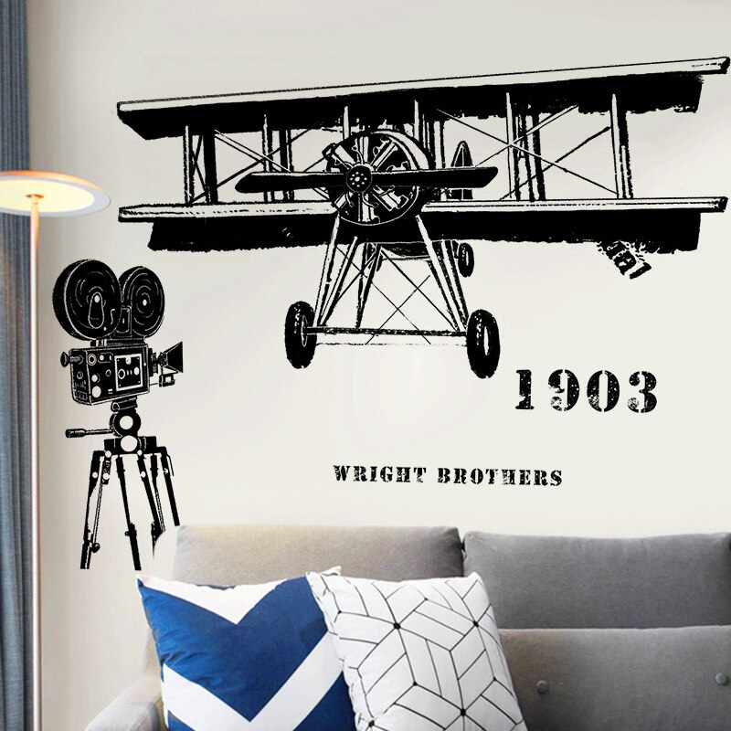 Retro flyvæg væg klistermærker til stue soveværelse dekoration bar art decal vintage flyvemaskine sorte og hvide klistermærker: Default Title
