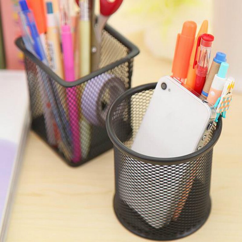 1Pcs Pen Holders Desk Organizer Pen Pencil Holder Storage Tray Desktop Office Metal Mesh Black Hollow Out Container Desktop Tool