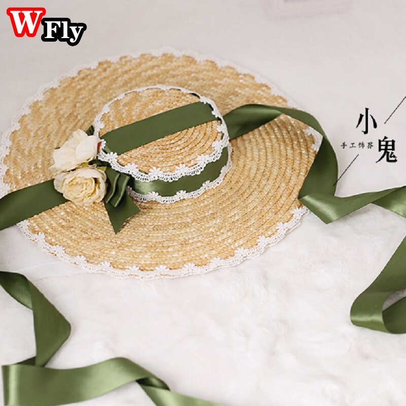 Chapeau de soleil en paille pour femmes et filles, japonais, Lolita, fait à la main, ruban de fleurs en dentelle, nœud papillon à large bord, chapeaux de paille élégants