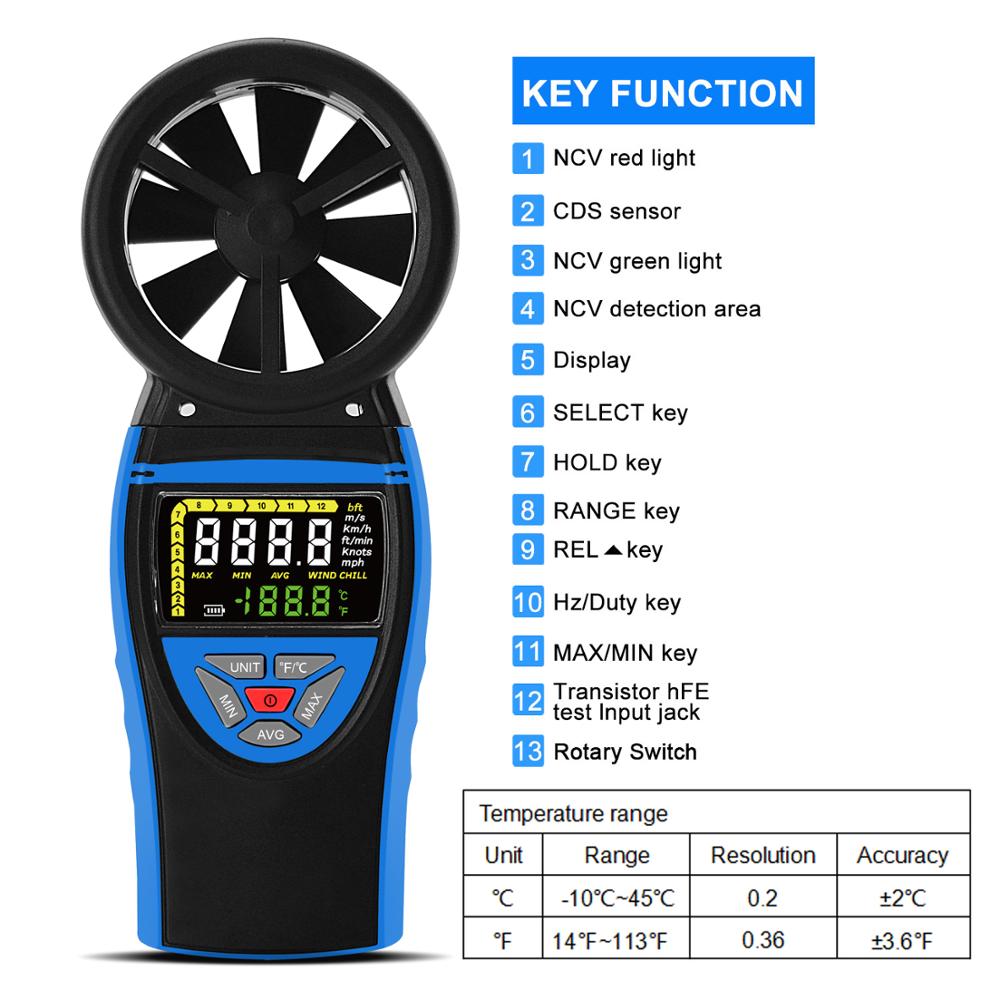 Holdpeak HP-8805 pantalla a Color, Anemómetro Digital de alta clase, medidor de velocidad del viento para medir la velocidad del viento, temperatura