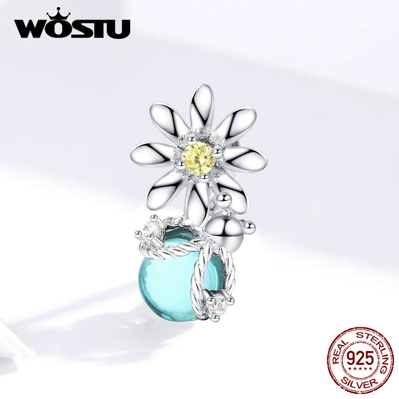 Wostu 925 sterling zilveren madeliefje bloem & vuurvliegjes kralen bedel past originele armband hanger fijn zilver 925 sieraden cqc 1369