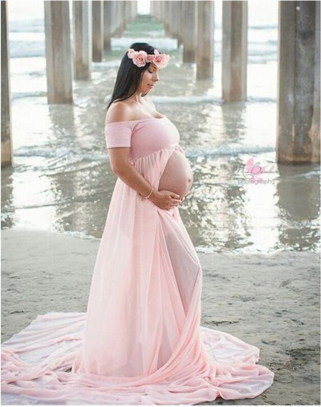 Chemise de grossesse en mousseline de couleur pure, robe pour femme enceinte, vadrouille du sol avant l'épissure, avant l'épissure: Rose / XL