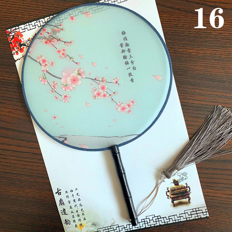 Hanfu Circular Fans Vintage Tassel Long Handle Ancient Chinese Style Court Dancing Round Fan Classical Printed Wedding Round Fan: 16
