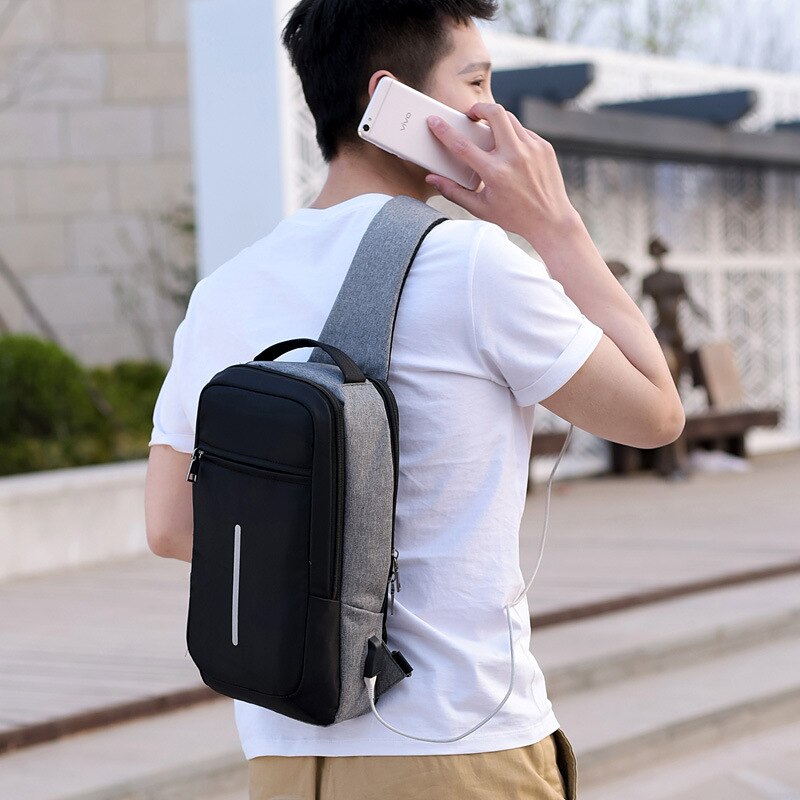 Fengdong male sling travel chest bag reflective strip backbag unisex one shoulder usb bag waterproof small messenger bag bagpack